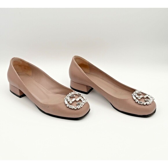 Gucci Nappa Crystal Interlocking G Low Heel Pumps Pink/Nude Leather Sz EU 35.5 - Picture 1 of 15